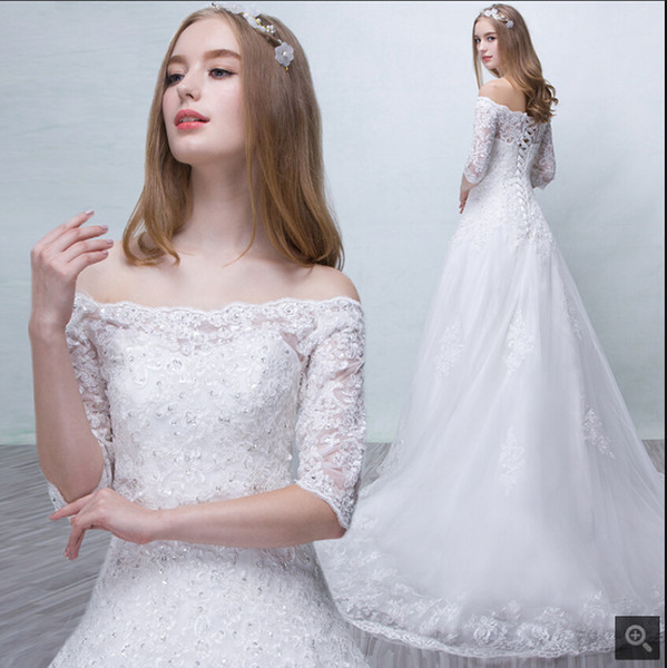 Wedding Sale New Discount Robe De Mariage New A Line White Lace Appliques Beaded Wedding Dress Court Train F the Shoulder Half Sleeve Modest Wedding Gowns Hot Sale