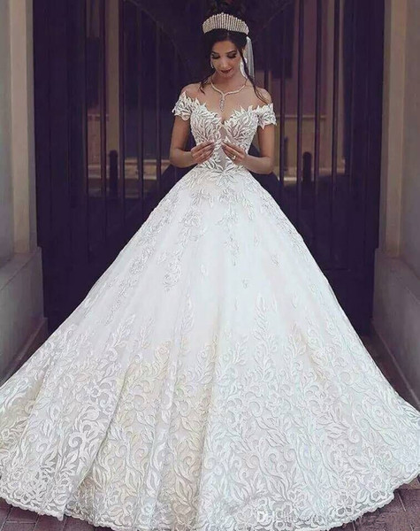 White Bridal Dresses New Discount 2019 White F the Shoulder Wedding Dresses Ball Gown Illusion Neckline Bridal Gowns Tulle Lace Up Back Custom Made Wedding Dress Designer