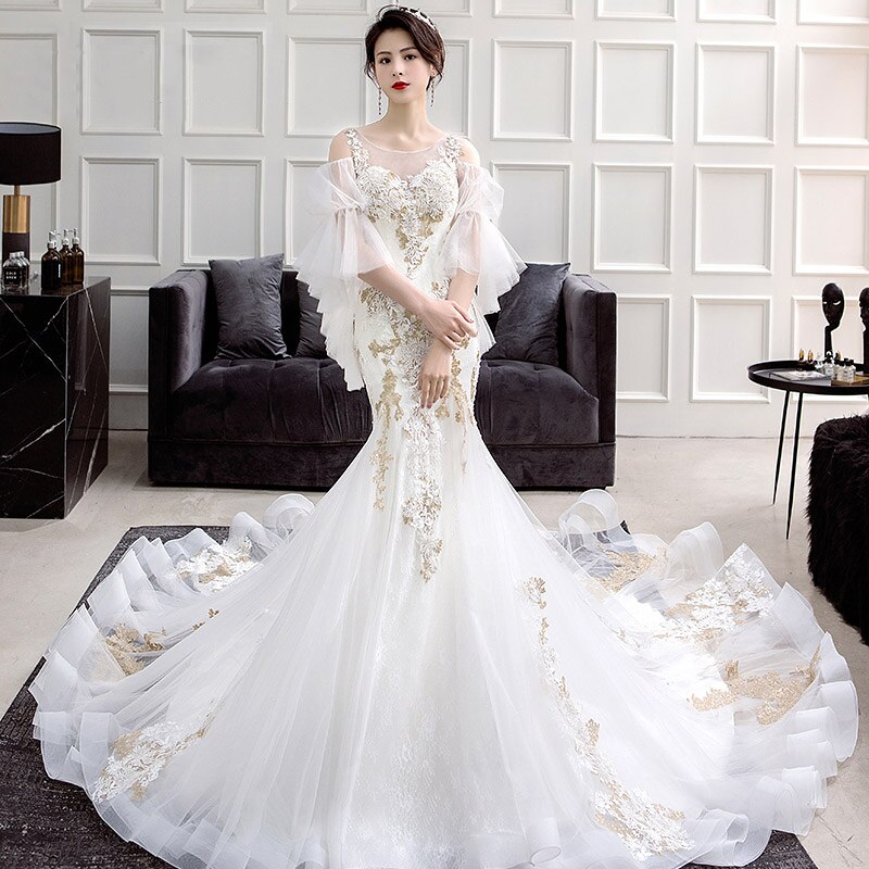 Vestido De Noiva 2018 Luxury Gold Lace Mermaid Wedding Dress y See Through Embroidery Short Sleeve