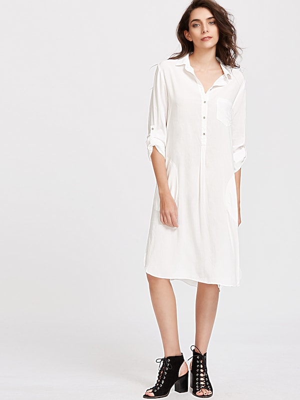 White Dress Cheap Beautiful White Roll Tab Sleeve Slit Side High Low Shirt Dress