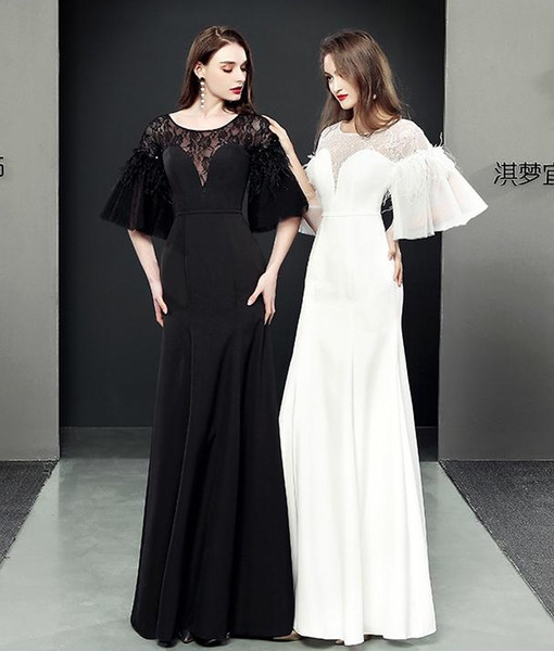 White Gala Dresses Fresh Graceful Black White Red Mermaid evening Dresses Long Lace Feather evening Gowns Half Sleeves Vintage Prom Dresses formal Party Gowns China Unusual
