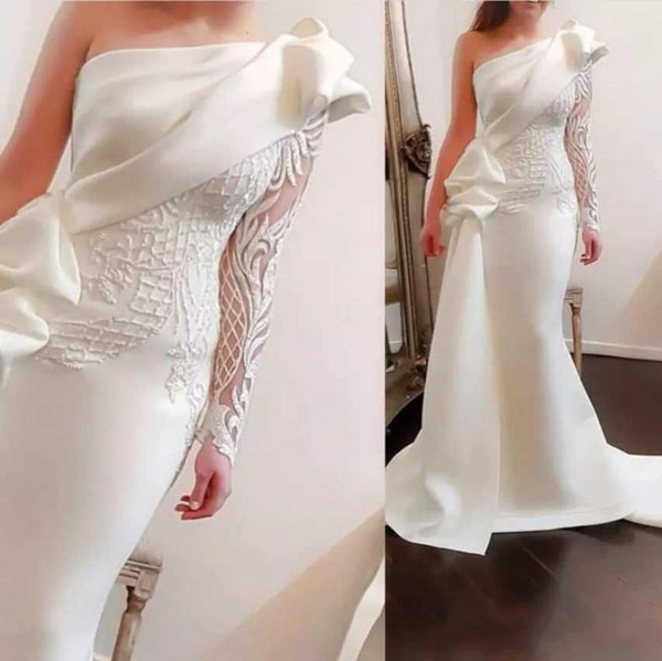 White Gala Dresses New formal Pure White Satin Mermaid evening Dresses Party Wear E Shoulder Lace Appliques Special Occasion Gowns Y Prom Dress Beautiful evening