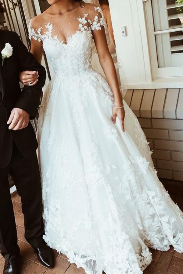 White Gowns Cheap Beautiful Gorgeous White Lace A Line Scoop Backless Long Wedding Dress