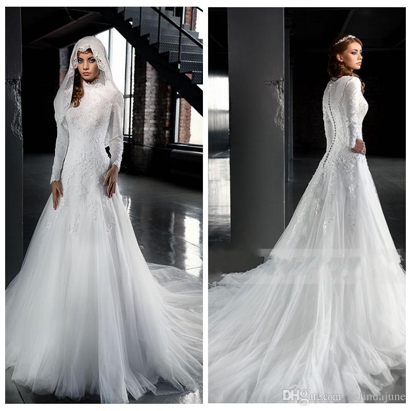 White Long Sleeve Wedding Dresses Luxury Muslim High Neck Long Sleeves A Lone Wedding Dresses Dubai Arabic formal Tulle Chapel Train Bridal Gowns 2017 Elegant Vestidos De Novia