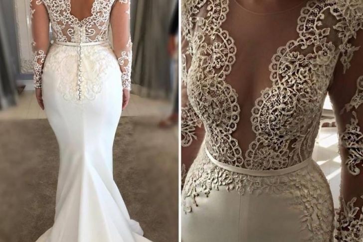 White Mermaid Gown Elegant Long Sleeve Wedding Dress Ivory White Mermaid Sheer Neck Lace Appliques Garden Country Church Bride Bridal Gown Custom Made Plus Size