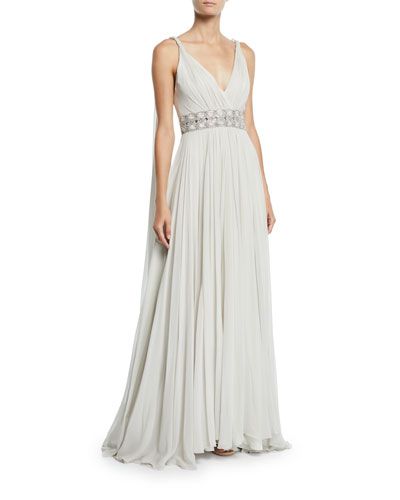 White Silk Gown Elegant Jenny Packham Tahoe Wrapped Silk Chiffon V Neck Gown In 2019