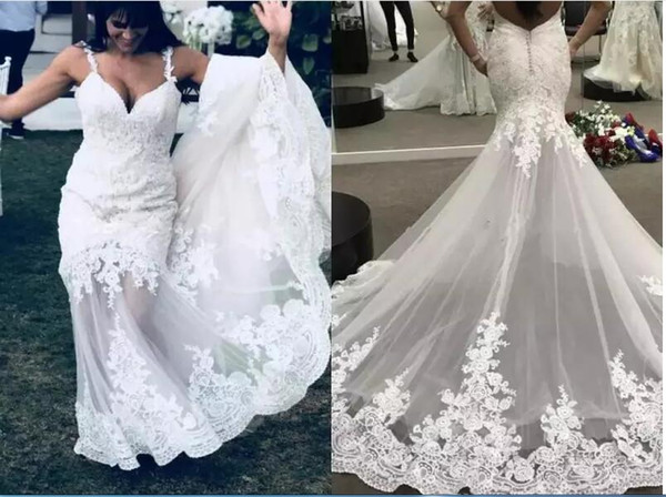 White Summer Wedding Dresses Beautiful Lace Spaghetti Straps Beach Wedding Dresses 2019 Summer See Through Mermaid Bridal Gowns Y Backless Plus Size Wedding Dresses Black and White