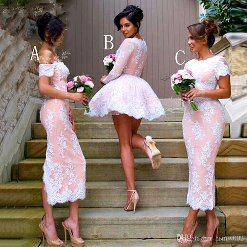 Womens Bridesmaids Dresses New 2017 New V Neck Lace Appliques Satin Short Womens Ball Gown Bridesmaid Dresses Long Sleeves Wedding Party Dress for Bridal Gowns