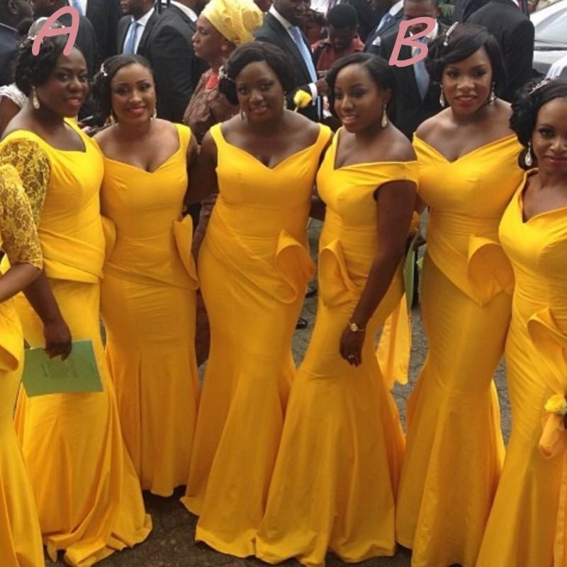 Yellow Wedding Dresses Bridesmaids Beautiful Cheap Nigerian Bridesmaid Dresses 2016 New Yellow Mermaid Spring Maid Of Honor Gowns Peplum High Quality Wedding Party Dresses Ba1078